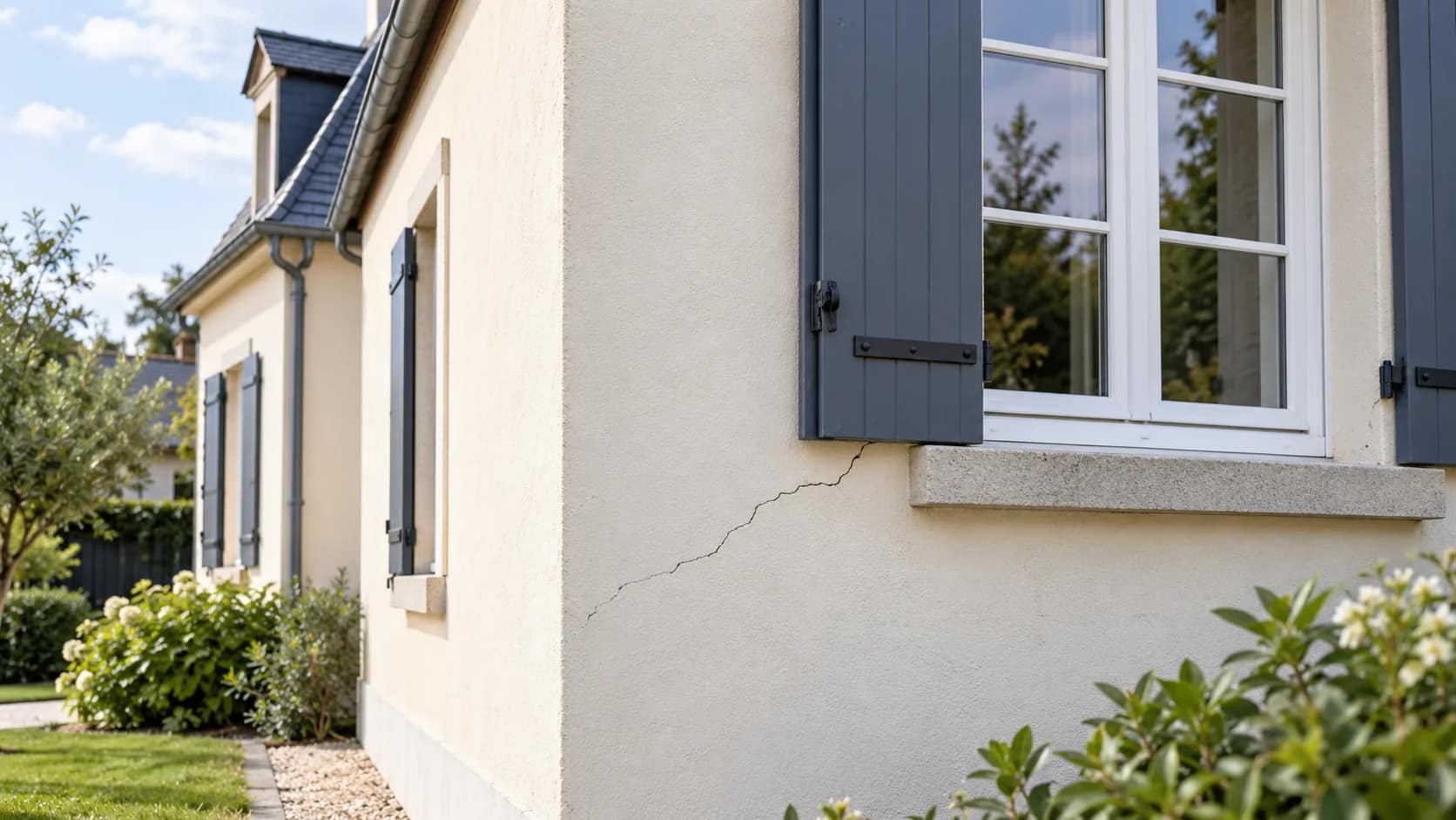 Fissure oblique sur l’enduit clair d’une maison, sous une fenêtre à volets bleu gris.